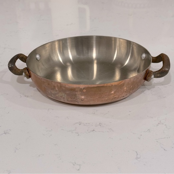 Vintage French 2+mm Copper Saute Fry Pan Stainless Steel 8.75 Double Handle